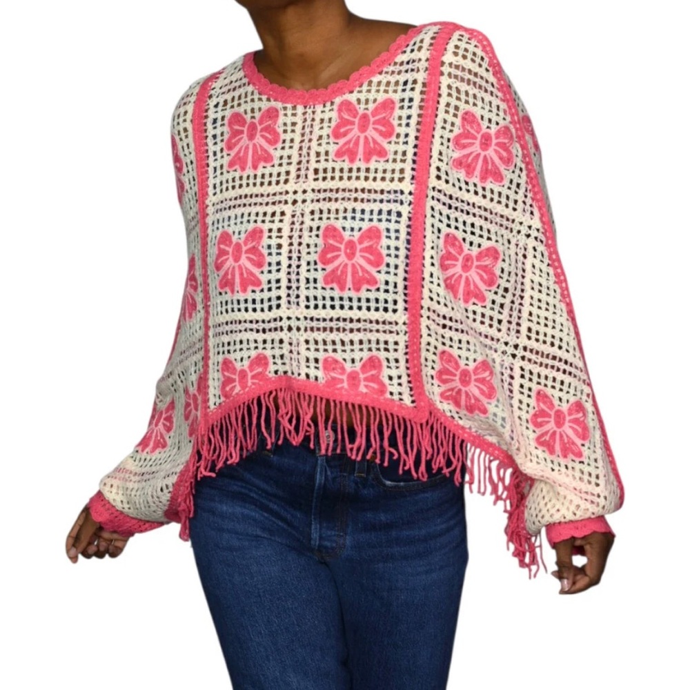 NWT House of Harlow Crochet Fringe Poncho Top Pullover Knit Crop Boxy One Size